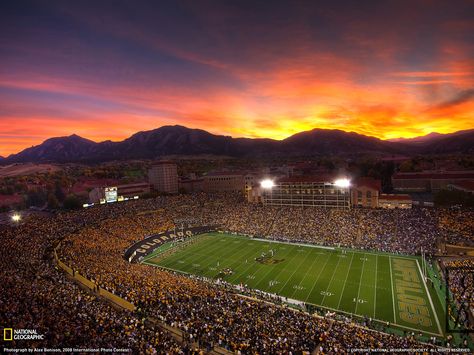 University of Colorado at Boulder - Folsom Field Sunset Skyline Folsom Field, University Of Colorado Boulder, Shingle Colors, Colorado Buffaloes, Football Stadium, University Of Colorado, College Town, Autumn Scenes, Rustic Colors