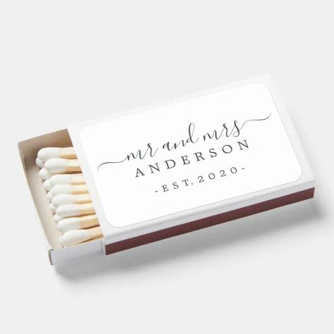 Newlywed Mr Mrs Monogram Year Est Black White Matchboxes | Zazzle Matchbox Favors, Black Wedding Favors, Matchbox Wedding Favors, Wedding Match Boxes, Modern Wedding Favors, Personalized Match Boxes, Blue Wedding Favors, Script Heart, Love Struck