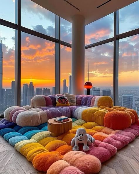 Colorful Electric Living Room, 70s Inspired Apartment, Funky Living Room Decor, Maximalist Homes, Funky Living Rooms, Dream Apartment Decor, Future Apartment Decor, Cute Bedroom Decor, Dream House Rooms