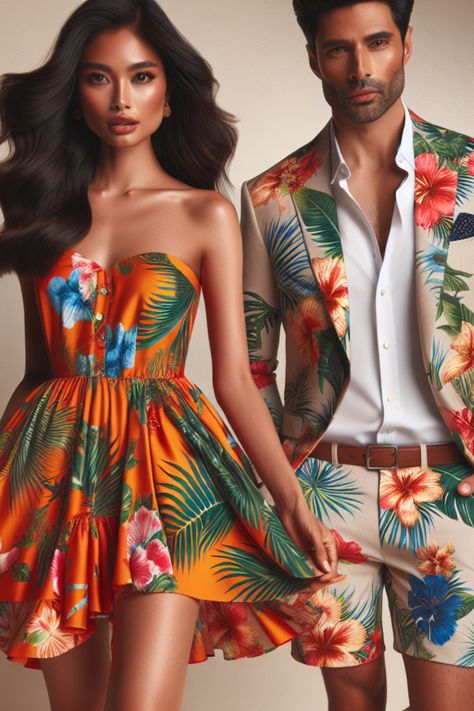 Couple in vibrant tropical-themed outfits, the woman in a floral dress and the man in a matching floral suit. Look Luau, Tropical Party Outfit, Elegant Maxi Dresses, Tropical Dresses, Dress To Impress Outfits, Dresses Flowy, Stunning Fashion, Tropical Fashion, Tropical Dress