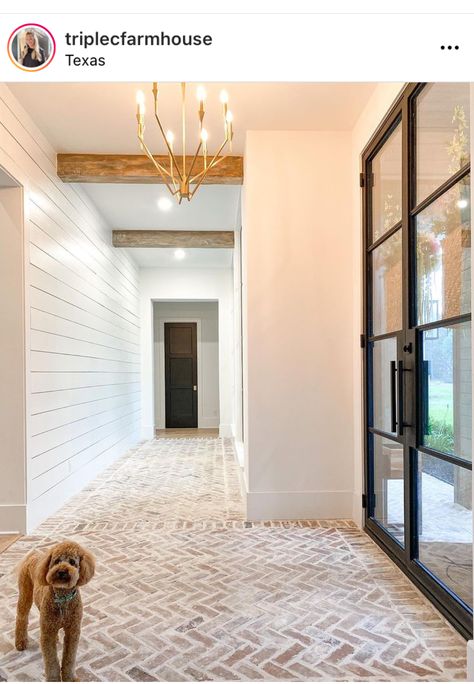 Shiplap Entryway, Build Design, Brick Flooring, Modern Farmhouse Style, Ship Lap Walls, House Flooring, Barn House, My Dream Home, White Walls