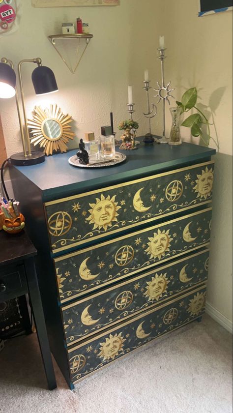 Painted Dresser Aesthetic, Whimsigoth Decor Bedroom, Celestial Bedroom Decor Diy, Witchy Nightstand, Celestial Themed Room, Celestial House Decor, Dresser Mural, Sun And Moon Furniture, Maximalist Vintage Decor