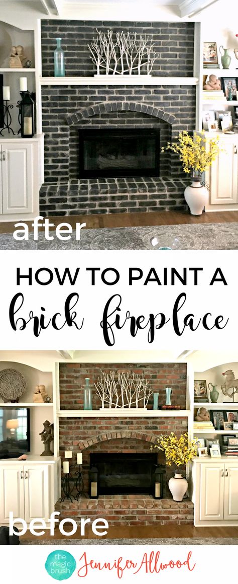 How to Paint a Black Brick Fireplace | Jennifer Allwood Fireplace Painted, Black Brick Fireplace, Brick Living Room, Red Brick Fireplaces, White Brick Fireplace, Andong, Brick Fireplace Makeover, Paint Fireplace, Black Fireplace