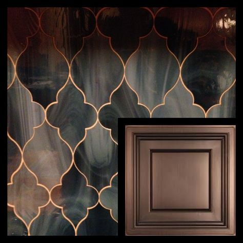 Bronze cabinets/Black and Bronze backsplash #kitchen Black Painted Backsplash Kitchen, Black And Tan Backsplash, Bronze Backsplash Kitchen, Black And Gold Backsplash, Moody Kitchen Backsplash, Dark Backsplash Kitchen, Dark Kitchen Backsplash Ideas, Black Backsplash Kitchen, Dark Tile Backsplash