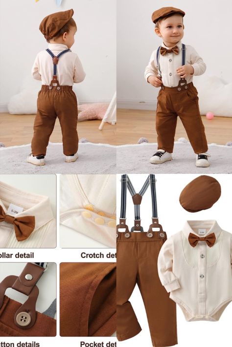 Baby's outfit ideas 1st Birthday Dress For Baby Boy, 1st Birthday Boy Outfit Ideas, Baby Suspenders Outfit, Baby Boy Suspenders Outfit, Baby Boy 1st Birthday Outfit, Wedding Romper, Brown Beret, Baby Suspenders, Dark Brown Pants