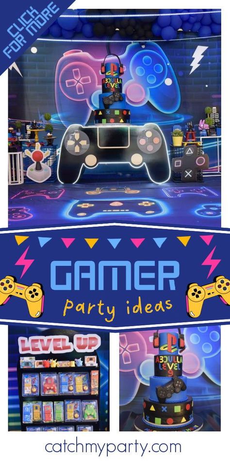 Check out this epic video games birthday party! The video game stations are incredible! See more party ideas and share yours at CatchMyParty.com Gaming Party Ideas Boys, Gamer Party Ideas Boys, Video Game Party Ideas, Game Theme Birthday Party, Gamers Party Ideas, Video Game Party Theme, Planing Ideas, Games Birthday Party, Video Game Birthday Party