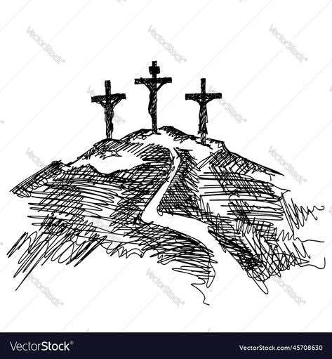 Mount Calvary Tattoo, Three Crosses On A Hill Tattoo, Crossroads Drawing, 3 Crosses On A Hill, Christian Illustration Art, Three Crosses On A Hill, Cross On A Hill, Calvary Hill, Calvary Cross