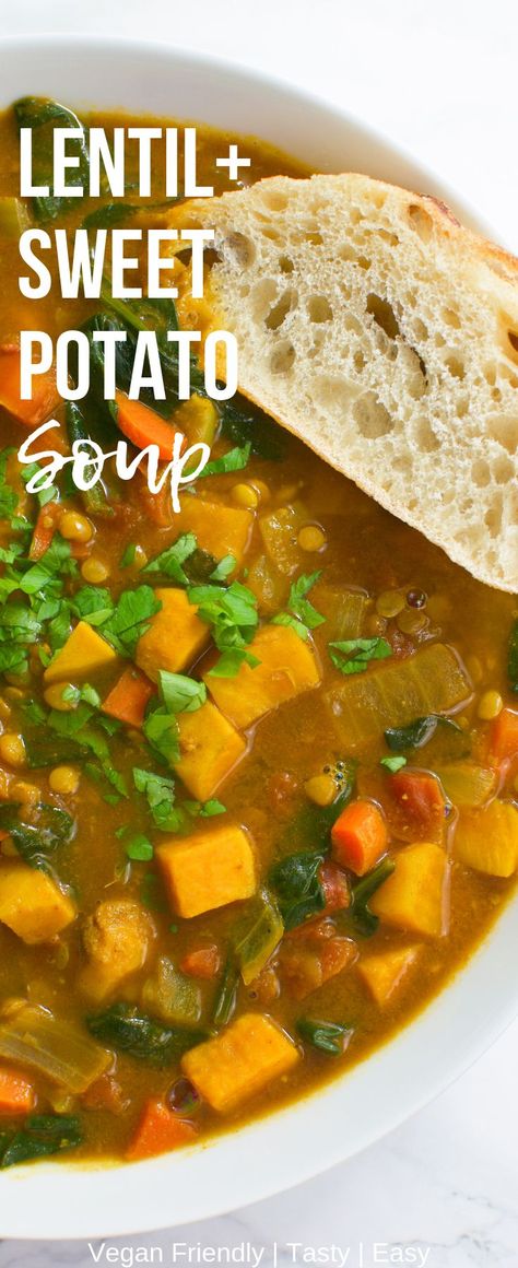 Lentil Sweet Potato Soup, Carrots And Spinach, Lentil Sweet Potato, Sweet Potato Soup Vegan, Sweet Potato Lentil Soup, Easy Vegan Soup, Sweet Potato Soup Recipes, Sweet Potato Kale, Sweet Soup