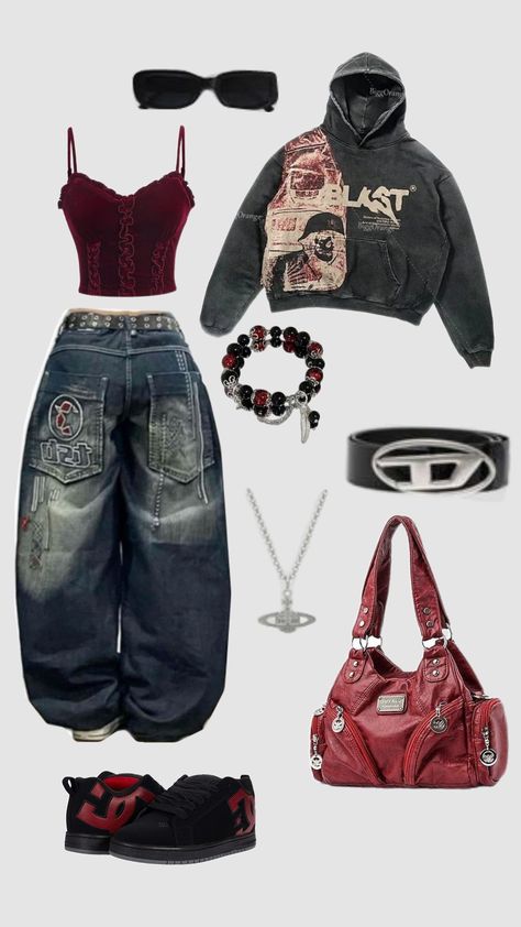 Baggy fit Baggy Chill Outfit, Diy Baggy Jean Designs, Baggy Clothes For School, Fashion Tomboy Style, Y2k Outfits Cold Weather, 2000 Baggy Outfits, Baggy Girly Outfits, 2000s Fashion Outfits Baggy, Y2k Fashion Board