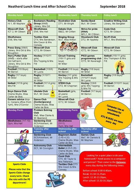 Dereham Neatherd High School Clubs at Neatherd: Follow the link and you can see our list of lunchtime and after school clubs there is a huge variety of activities available we hope your child(ren) will join in with the fun. https://ift.tt/2OODQPi Afterschool Club Activities, Afterschool Club Ideas, After School Clubs, Clubs To Start In High School, After School Club Activities, Debate Club, Writing Club, After School Club, Singing Group