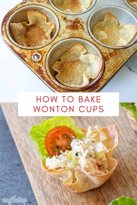 Learn the best, easiest way to make crispy wonton cups. I'll also share my favorite ways to fill them to make delicious wonton appetizers and desserts everyone loves. Bite sized appetizers are the way to go, whether you're hosting a fancy cocktail party or a more laid back get-together to watch the game. Wonton cups are one of my favorite things to serve because there are so many different ways you can fill them. Gluten Free Wonton Wrappers, Wonton Appetizer Recipes, Wonton Taco Cups, Bite Sized Appetizers, Wonton Cups Appetizers, Baked Wontons, Wonton Appetizers, Fancy Cocktail Party, Puff Pastry Appetizers