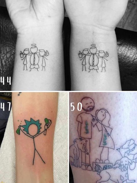 83 Stick Figure Tattoo Ideas For Families & Friends - TattooGlee Family Stick Figures Tattoo, Stick Figure Family Tattoo, Stick Family Tattoo, Stick People Tattoo, Family Tattoo Ideas Matching, Tattoo Sleeve Themes, 3 Friend Tattoos, Stick Figure Tattoo, Kid Tattoos For Moms