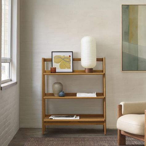 Mid-Century Low Bookshelf (36") | West Elm Low Bookshelf, West Elm Living Room, Mid Century Bookshelf, West Elm Mid Century, Contemporary Bookshelf, Low Bookshelves, 60s Furniture, Neutral Furniture, Modern Bookcase