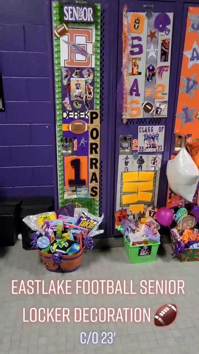 Eastlake Football Senior Week 🏈🧡💜 #LockerDecoration | TikTok Football Locker Room Decorations, Locker Decorating Ideas, School Spirit Crafts, Football Locker Room, Locker Room Decorations, Room Decorations Ideas, Senior Week, Senior Football, Senior Day