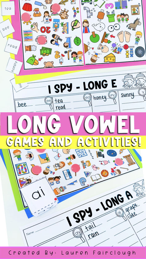 Fun, engaging ways to practise long vowel sounds and digraphs! The perfect addition to your spelling and phonics activities and centers.  #digraphs #longvowels #phonics #spellingactivities #phonicsactivities #phonicscenters #literacygames #literacycenters #firstgradeliteracy #secondgradeliteracy Long Vowel E Activities, Long Vowel Silent E Activities, Vowel Sound Activities, Long Vowel Sounds Activities, Vowel Sounds Activities, Sound Activities, Digraphs Activities, Long Vowel Sounds, Phonics Centers