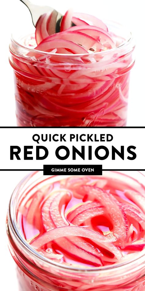 30-Minute Quick Pickled Red Onions! Easy to make with just 4 main ingredients, and totally customizable with whatever other herbs and seasonings that you would like to add. And delicious with everything from tacos to curry, pizza, falafel and more! | gimmesomeoven.com #pickled #onions #topping #mexican #healthy Pickled Onions For Tacos, Simple Pickled Red Onions, Pickeled Red Onions, Red Onion Pickled, Pickled Onions Recipe, Curry Pizza, Pickled Red Onion, Red Onion Recipes, Quick Pickled Red Onions