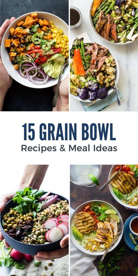 15 QUICK & EASY GRAIN BOWLS you need to save for your next easy weeknight dinner. These Grain Bowls are packed with protein, so you can do chicken, steak, salmon, fish, or vegetarian. Full of fiber, veggies and loaded with flavor, they are all crazy easy to make AND healthy! Fiber Veggies, Veggie Meal Plan, Lunch Bowl Recipe, Grain Bowl Recipe, Warm Salad Recipes, Power Bowl Recipe, Bowls Recipes, Healthy Bowls Recipes, Flavorful Dinner