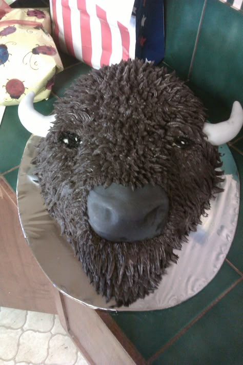 Hagen's buffalo birthday cake by Aunt Barbara Buffalo Birthday Party, Buffalo Cake Ideas, Bison Birthday Party, Buffalo Cupcakes, Buffalo Cookies, Wild West Birthday, Buffalo Head, Cake Decor Ideas, Farm Cake