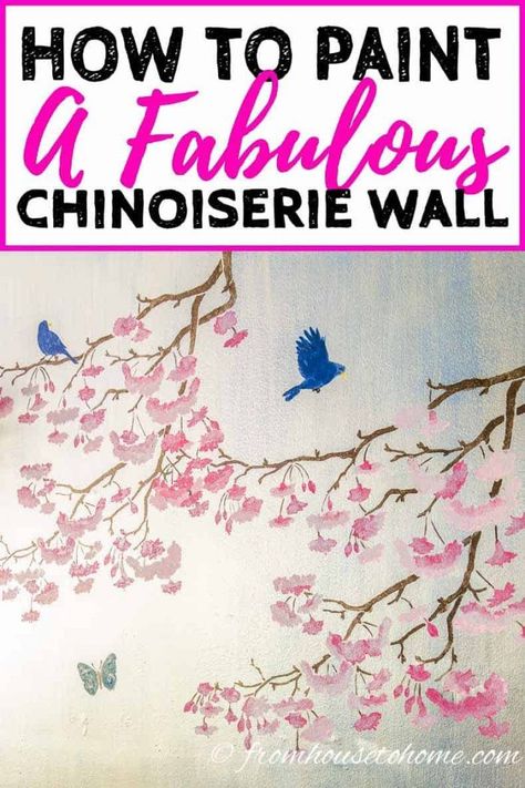 This DIY Chinoiserie wallpaper is so cool! I love the pink flowers and blue birds on the silver background. Since it is painted, it's a really easy way to decorate your dining room, and so affordable when you're on a budget. #fromhousetohome #walldecor #chinoiserie #diydecorating #paint #walldecor Diy Chinoiserie, Expensive Wallpaper, Paint Walls, Japanese Cherry Tree, Chinoiserie Pattern, Butterfly Stencil, Tree Stencil, Chinoiserie Wall, Wall Diy