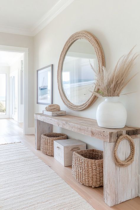 Beachy Rustic Decor, Coastal Chic Entryway, Modern Minimalist Coastal Decor, Beach Theme Shelves, Coastal Shelving Ideas, Modern Coastal Office Interior Design, Coastal Living Kitchen Ideas, Coastal Accessories Decorating Ideas, Hamptons Bathroom Ideas Coastal Style