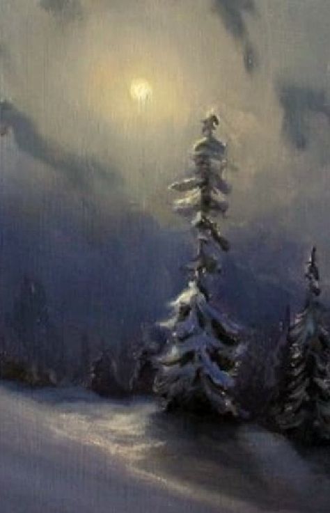 Snow Night Painting, Night Snow Painting, Winter Night Painting, Snow Landscape Painting, Painting Night, Mermaid Painting, Painting Snow, Winter Painting, Art Idea