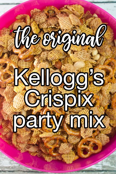 The Original Kellogg's Crispix Mix - A crunchy, savory snack made from your favorite cereals, pretzels, and nuts. | CDKitchen.com Cereal Recipes Snacks, Crispix Snack Mix Recipe, Crispix Snack Mix, Savory Chex Mix Recipes, Chex Mix Recipes Sweet, Chex Mix Recipes Original, Chex Snack Mix, Crispix Cereal, Puppy Chow Chex Mix Recipe