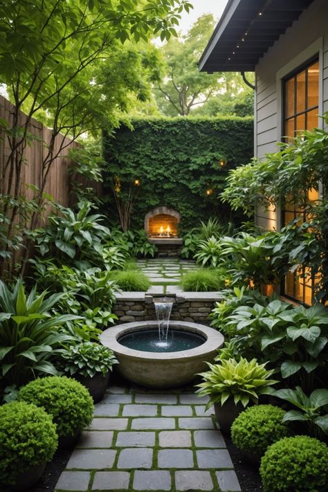 Garden Entertaining Area, Fountain In Courtyard, Paved Garden Ideas Backyard Designs, English Garden Backyard Design, Outdoor Lawn Decor Ideas, European Courtyard Garden, Modern Cottage Garden Design, Garden Building Ideas, Backyard With Fountain