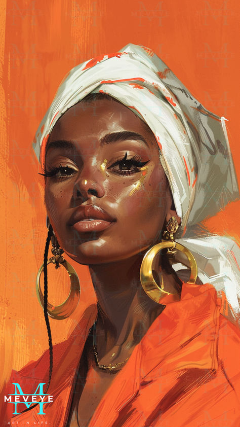 Painting Ideas Of People, Afro Latino Art, Portrait Background Ideas Painting, Black Skin Painting, Painting Black Skin, African Women Art Painting, Orange Painting Aesthetic, Black Woman Art Drawings, Afrocentric Art Goddesses