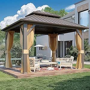 MELLCOM 10'x12' Hardtop Gazebo, Galvanized Steel Metal Double Roof Aluminum Gazebo with Curtain and Netting, Brown Permanent Pavilion Gazebo for Patio, Lawn & Garden Metal Pavilion, Metal Gazebo, Aluminum Gazebo, Steel Roof, Outdoor Pavilion, Hardtop Gazebo, Outdoor Gazebos, Patio Gazebo, Creative Home Decor