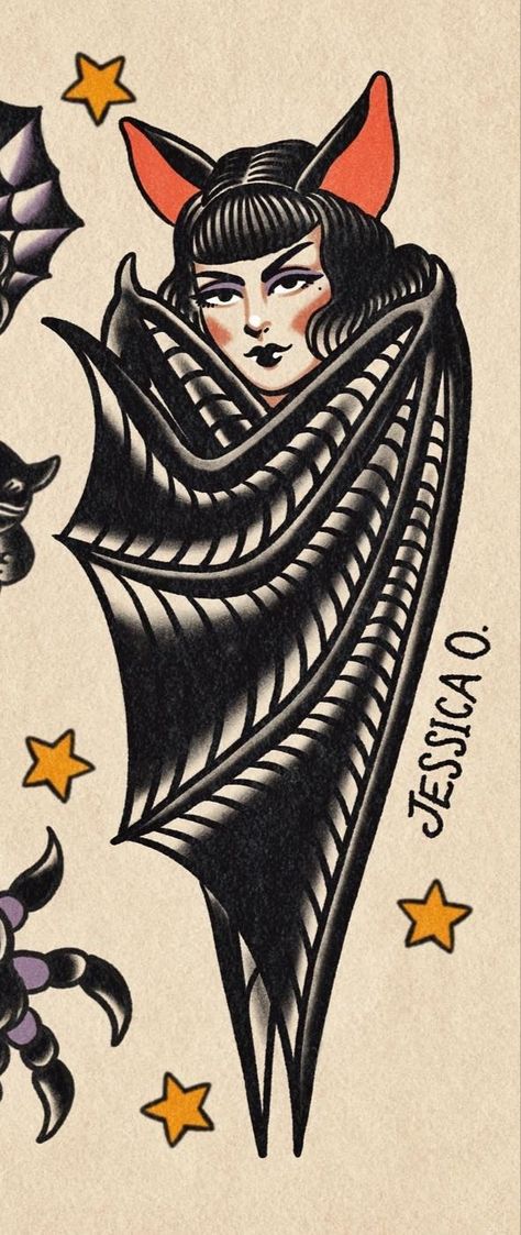 Bat Pinup Tattoo, Trad Vampire Tattoo, Trad Horror Tattoo, Traditional Bat Face Tattoo, Traditional Dracula Tattoo, Neo Trad Tattoo Design Black And Grey, Vampire Pinup Tattoo, Vampire Tattoo Traditional, Bat Woman Tattoo