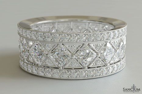 4ctw / 18k white gold vintage eternity ring - beautiful. Unique Diamond Anniversary Bands, Engagement Rings Princess Cut, Rings Princess Cut, Wide Diamond Bands, Deco Engagement Rings, Art Deco Engagement Rings, Engagement Rings Princess, Diamond Anniversary Bands, Eternity Rings