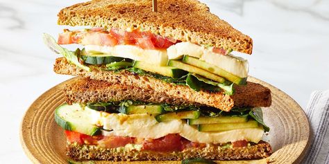 Cucumber Caprese Sandwich Recipe | EatingWell Hummus Sandwich, Caprese Sandwich, Avocado Sandwich, Cold Lunches, Cucumber Sandwiches, Veggie Sandwich, Healthy Sandwiches, Salad Sandwich, Sandwich Recipes