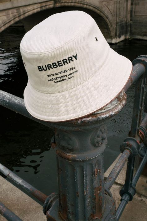 Burberry Mytheresa Bucket Hat Photoshoot, Bucket Hat Embroidery, Burberry Bucket Hat, Designer Bucket Hats, Bucket Hat Design, Embroidery Caps, Denim Bucket Hat, Bucket Cap, Photography Classes