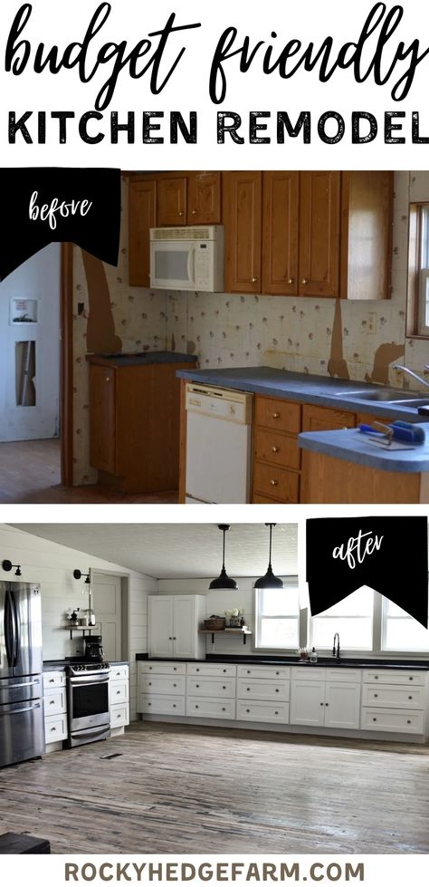 Before and After Kitchen makeover on a budget in a double wide mobile home. Ideas for affordable kitchen cabinets, paint colors and DIY countertop Mobile Home Kitchen Cabinets Makeover, Home Makeover Diy, Budget Friendly Kitchen Remodel, Mobile Home Kitchen Cabinets, Double Wide Remodel, Mobile Home Redo, Trailer House, Double Wide Mobile Home, Remodel Mobile Home