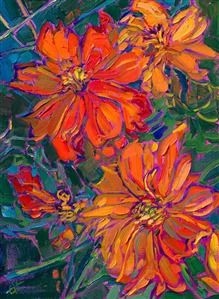 Cadmium orange flower blossoms, an original oil painting for sale by open impressionist Erin Hanson. Erin Hansen, Multi Panel Paintings, Linen Board, Pastels Art, Pan Pastels, American Impressionism, Erin Hanson, Contemporary Impressionism, Impressionist Landscape