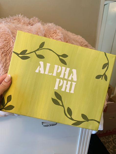 Neutral Sorority Canvas, Aphi Canvas Painting, Green Sorority Canvas, Simple Sorority Canvas, Sorority Canvas Ideas Easy, Alpha Phi Painting, Canvas Painting Ideas Sorority, Sorority Canvas Paintings Big Little, Sorority Painting Canvases