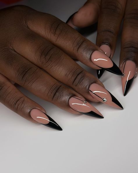 Hi there ❤️ happy birthday! @_smiileformee ❤️ Gel X Black French Tip, French Manicure With Black Tips, Nude And Black Nail Designs, French Nails Stiletto, All Black Nails, Yellow French Tips, Short Almond Shaped Nails, Almond Acrylic Nails Designs, Acrylic Nails Almond Shape