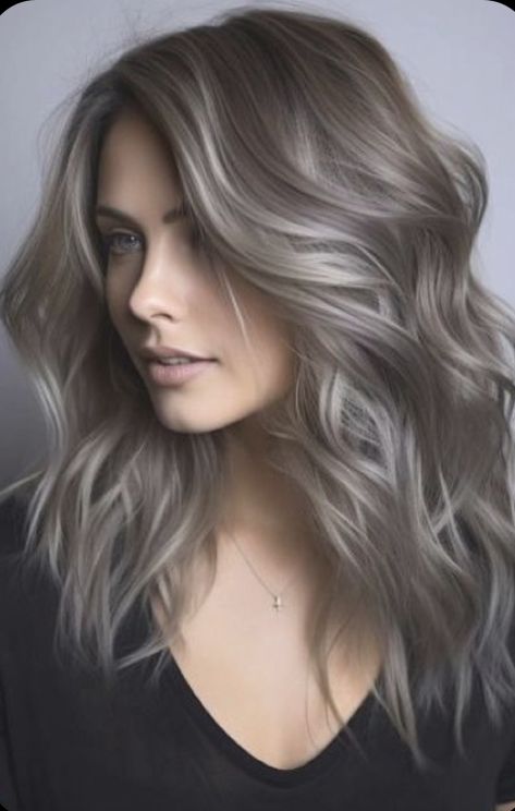 Charcoal And Silver Hair, Brunette With Ash Blonde Balayage, Dark Blonde Silver Hair, Icy Ash Brown Hair, Dark Grey Hair With Highlights, Dark Icy Blonde Hair, Dark Blonde Hair Ash, Iced Coffee Hair Color, Balayage Hair Grey Ash Blonde