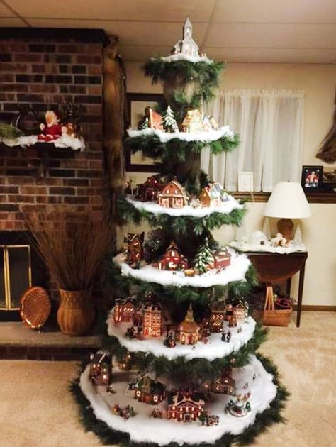 Christmas Village Tree, Christmas Tree Village Display, Diy Christmas Village Displays, Village Tree, Christmas Tree Village, Pretty Christmas Trees, Diy Christmas Village, Creative Christmas Trees, Christmas Village Display