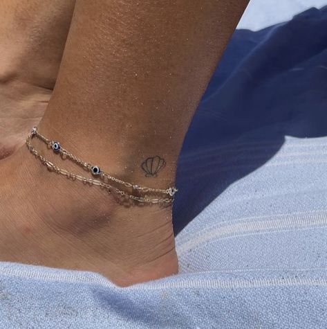 Ocean Tattoo Minimal, Shell Tiny Tattoo, Small Matching Beach Tattoos, Small Conch Shell Tattoo, Ancle Tatoos Woman Simple, Ocean Ankle Tattoo, Cancun Tattoo Idea, Turtle Tattoo Ankle, Tattoo Waves Ocean