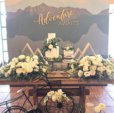 Mountain Decorations Party, Mountain Photo Backdrop, Adventure Awaits Wedding Shower Ideas, Mountain Themed Party Decor, Adventure Bridal Shower Ideas, Outdoor Theme Bridal Shower Ideas, Mountain Theme Engagement Party, Mountain Bridal Shower Ideas, Adventure Theme Bridal Shower Ideas