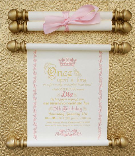 Elegant Princess Scroll Birthday Invitation in Gold and Pink, Princess Scroll Invitation, Luxury Scroll Invite, Princess Party Invitation. by U4riaDesignLLC Royal Princess Birthday, Princess Party Invitations, Pink And Gold Birthday, Scroll Invitation, Princess Theme Birthday, Princess Theme Birthday Party, Princess Invitations, Princess Tea Party, Princess Theme Party