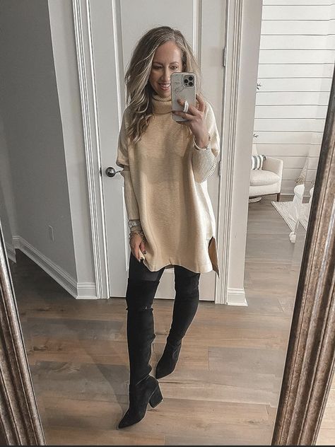 Sweater Tunic Outfit, Leather Leggings Knee High Boots, Tunic Sweater Outfits, Banff Trip, Tunic Outfit, Amazon Outfits, Outfit Oversize, Cute Work Outfits, Fall And Winter Outfits