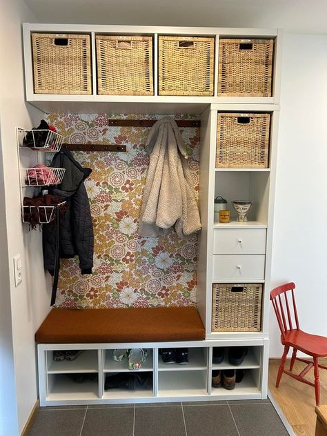 Ikea tips, hacks and more! | After a lot of inspiration in this group; here is my Ikea Kallax hack in our small entrance in our new apartment | Facebook Small Space Ikea Hacks, Small Entrance Storage, Kallax Laundry Hack, Small Cubby Ideas, Ikea Hallway Hack, Ikea Cubby Storage, Ikea Kallax Entryway, Landing Stairs Ideas, Kallax Mudroom