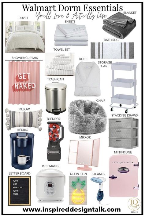 Obsessed with these Walmart dorm room designs for Bella. Love the mini-fridge for her college dorm room. Collage Dorm Essentials, Dorm Decor Ideas, Dorm Room Essentials List, Essentials For College, Dorm Room Checklist, College Bedroom Decor, Dorm Shopping, Dream Dorm Room, Dorm Stuff