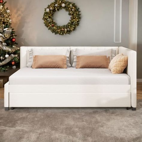 Full Size Upholstered Daybed with Trundle Sofa Bed Frame No Box Spring Needed, Linen Fabric - Bed Bath & Beyond - 40633539 Full Day Bed With Trundle, Twin Bed As Couch Ideas, Trundle Sofa, Day Bed With Trundle, Bed Frame No Box Spring, Sofa Bed Frame, Bed With Trundle, Upholstered Daybed, Daybed With Trundle