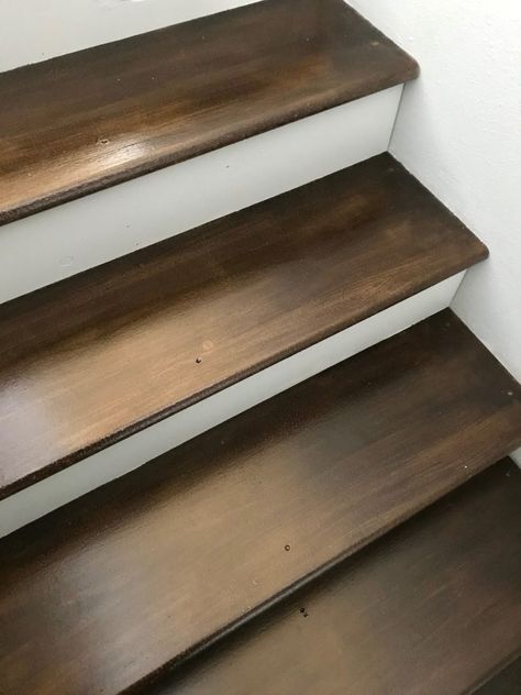 What Color To Paint Stairs, Wood Laminate Stairs, Linoleum Stairs Makeover, Paint Stairs Brown, Paint Stairs To Look Like Wood, Wood Stain Colors For Stairs, Basement Stairs Painted, Painted And Stained Stairs, Interior Stairs Wood