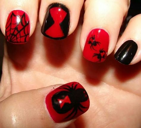 Halloween Hollowed Nails, Black Widow Nails, Marvel Nails, Easy Halloween Nails Design, Blood Nails, Halloween Nails Easy, Red Nail Art, Black Nail Art, Red Nail Designs