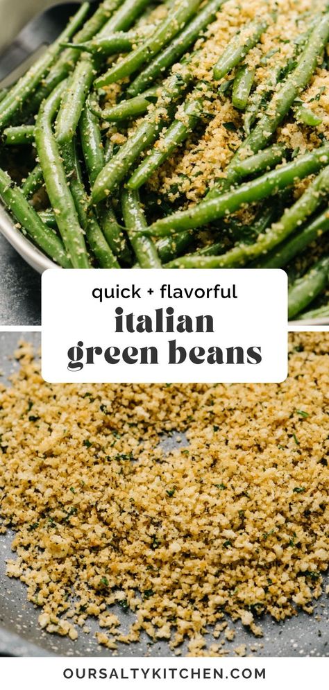 Italian green beans are a bold and flavorful side dish that's ready in just 15 minutes! Sautéed green beans are tossed with buttery toasted breadcrumbs, parmesan cheese, garlic, and lots of seasonings! Toast the breadcrumbs while you steam the beans for a quick & easy recipe perfect for everything from weeknight dishes to holiday meals like Thanksgiving and Christmas. This is a simple and delicious veggie side even your kids will love. #greenbeans #sidedishes #greenbeanrecipes #easyrecipes Savory Green Beans Recipe, French Cut Green Bean Recipes, Green Beans With Bread Crumbs, Fresh String Beans Recipe, Cut Green Bean Recipes, Yummy Green Beans, Italian Green Beans Recipe, Holiday Green Beans, String Bean Recipes