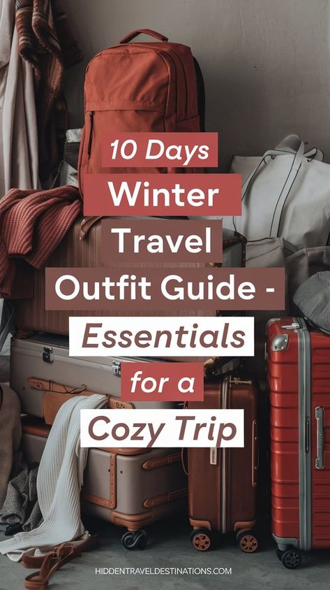 Get the ultimate 10 days winter travel outfit guide with all the essentials for a cozy trip. Perfect for your international travel checklist for women, this guide ensures you're stylish and warm, while making packing outfits for travel winter a breeze. Packing Outfits For Travel, Travel Checklist For Women, Packing Outfits, Winter Travel Wardrobe, Travel Outfit Winter Cold Weather, International Travel Checklist, Europe Winter Travel, Leaving The Country, Travel Packing Outfits